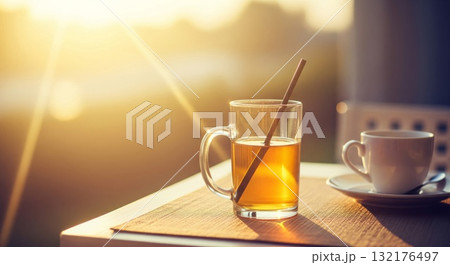 Golden Afternoon Light on Table with Tea and Coffee Golden Afternoon Light on Table with Tea and Coffee 132176497