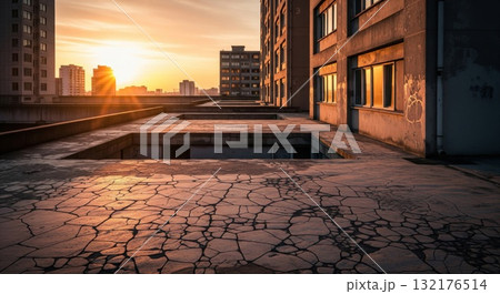 Urban Rooftop at Sunset with Cracked Concrete and Cityscape 132176514