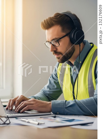 Man with Headphones Typing on Laptop in Yellow Safety Vest Indoors 132176609