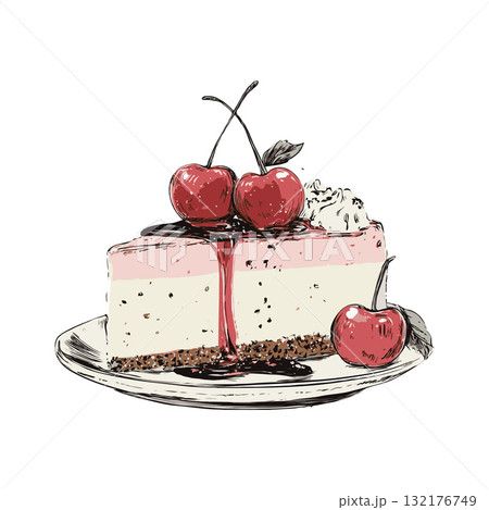 Delicious slice of cherry cheesecake topped with cherries and syrup, hand-drawn sketch style on white background, concept of dessert treat 132176749