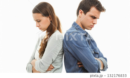 Tense couple standing back to back with serious expressions. Concept conflict, divorce, misunderstanding in family. 132176833