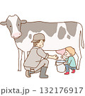 牛の乳しぼりを体験する子供と見守る大人 132176917