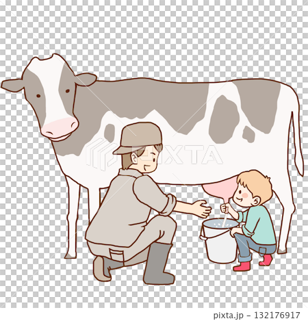 牛の乳しぼりを体験する子供と見守る大人 132176917