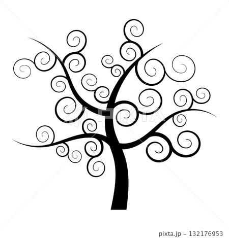 Silhouette of Decorative Swirl Tree Vector Illustration. A decorative tree with spiral branches. Perfect for design projects, tattoos, logos, invitations and decorative prints. Silhouette of Decorative Swirl Tree Vector Illustration. A decorative tree with spiral branches. Perfect for design projects, tattoos, logos, invitations and decorative prints. 132176953