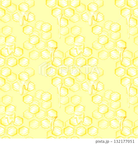 Golden honey comb and liquid seamless pattern, hand drawn watercolor cell illustration isolated on yellow background. Can be used for wrapping, textile scrapbook and other printed products. Golden honey comb and liquid seamless pattern, hand drawn watercolor cell illustration isolated on yellow background. Can be used for wrapping, textile scrapbook and other printed products. 132177051