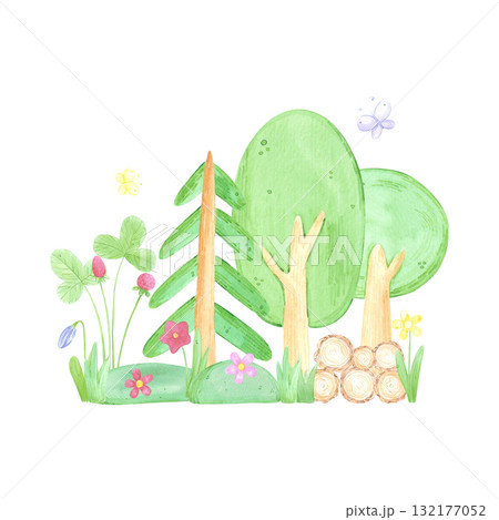 Hand drawn watercolor trees berries and butterflies composition. Illustration of cute forest isolated on white background. Can be used for postcard, label, scrapbook and other printed products. 132177052