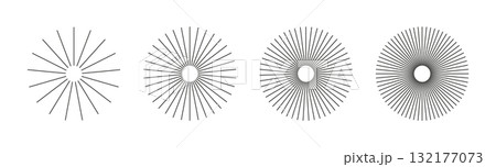 Radial circle radiation lines. Sun star rays set. Ray burst, beams collection. Set of sunburst element, radial stripes. Outline abstract graphic. Circular radial lines. Spokes with radiating stripes 132177073