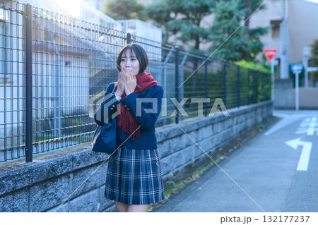 寒い日に部活で登下校する女子高生 冬服で手を温めながら通学する高校生 登校下校 寒い日に部活で登下校する女子高生 冬服で手を温めながら通学する高校生 登校下校 132177237