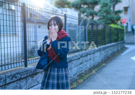 寒い日に部活で登下校する女子高生 冬服で手を温めながら通学する高校生 登校下校 寒い日に部活で登下校する女子高生 冬服で手を温めながら通学する高校生 登校下校 132177238