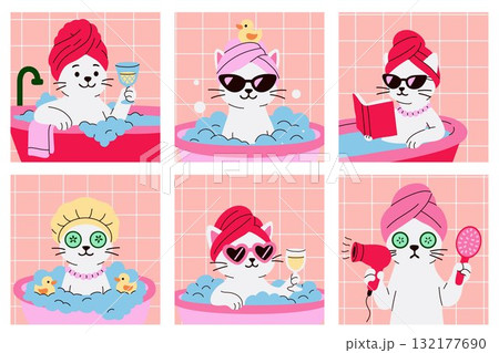 Set of cute cartoon cats in bathtubs enjoying spa and beauty routines with towels, drinks, sunglasses, and bubbles 132177690