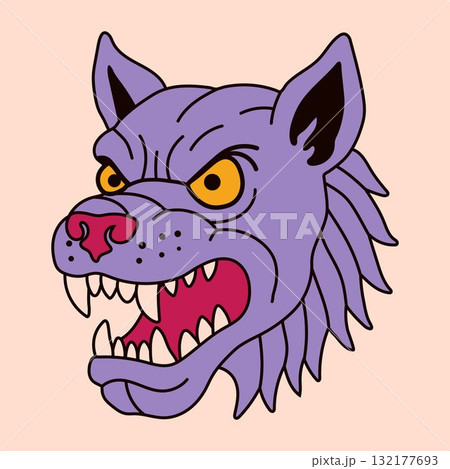 Angry Cartoon Wolf Face with Fangs and Yellow Eyes Angry Cartoon Wolf Face with Fangs and Yellow Eyes 132177693