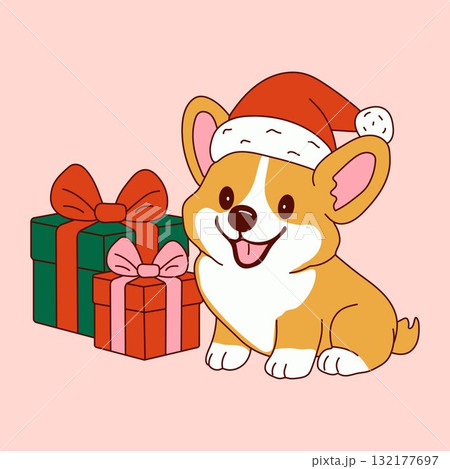 Cute Christmas Corgi with Santa Hat and Gifts 132177697