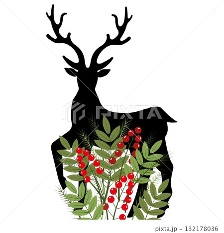 Winter bouquet on the background of a silhouette of a deer. Winter bouquet on the background of a silhouette of a deer. 132178036