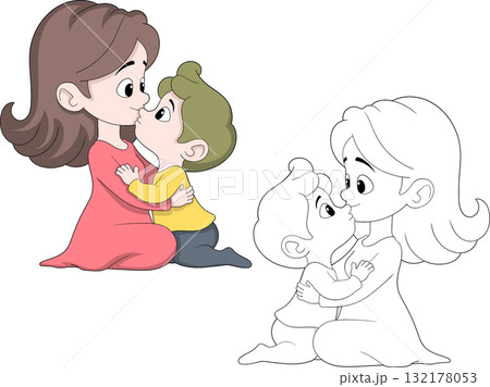Mother and Child Kissing Cute Family Love Illustration Mother and Child Kissing Cute Family Love Illustration 132178053