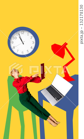 Graphic composition. Woman in red shirt and green pants working with laptop under large wall clock 132178130