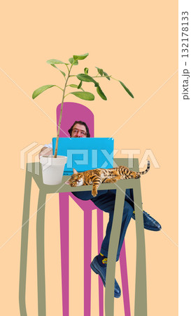 Collage art. Man working with laptop at tall table with green plant and cat relaxing nearby 132178133