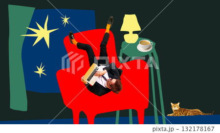 Contemporary collage. Man in suit upside down with laptop on red armchair surrounded by stars and lamp Contemporary collage. Man in suit upside down with laptop on red armchair surrounded by stars and lamp 132178167
