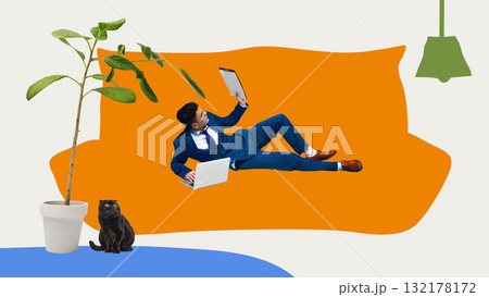 Creative digital artwork. Man in blue suit working with laptop on orange sofa near cat and plant 132178172