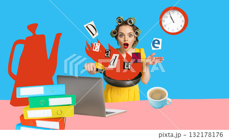 Colorful collage. Stressed woman with curlers and frying pan working on laptop under burning deadline Colorful collage. Stressed woman with curlers and frying pan working on laptop under burning deadline 132178176
