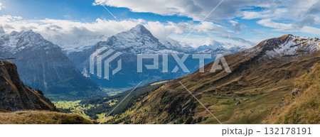 Nature landscape panorama of Swiss Alps mountain range at Eiger and Wetterhorn peak view from Grindelwald First Nature landscape panorama of Swiss Alps mountain range at Eiger and Wetterhorn peak view from Grindelwald First 132178191