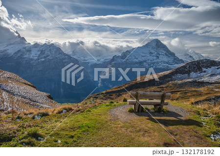 Nature landscape of Swiss Alps mountain range at Eiger and Wetterhorn peak view from Grindelwald First Nature landscape of Swiss Alps mountain range at Eiger and Wetterhorn peak view from Grindelwald First 132178192