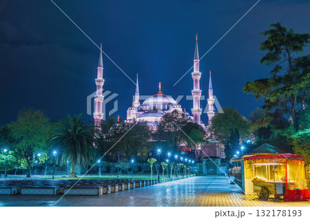 Istanbul Turkiye (Turkey), night city skyline at The Blue Mosque Sultan Ahmet Camii 132178193