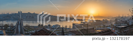 Istanbul Turkiye (Turkey), panorama city skyline sunrise at Golden Horn and Bosphorus Strait Istanbul Turkiye (Turkey), panorama city skyline sunrise at Golden Horn and Bosphorus Strait 132178197