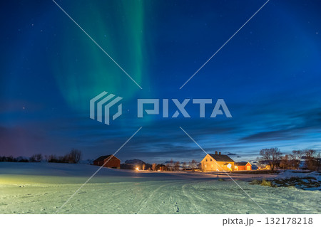 Lofoten Norway, aurora borealis northern lights winter landscape at Gimsoysand Lofoten Norway, aurora borealis northern lights winter landscape at Gimsoysand 132178218