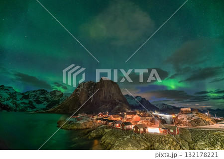Lofoten Norway, aurora borealis northern lights winter landscape at Hamnoy fisherman village Lofoten Norway, aurora borealis northern lights winter landscape at Hamnoy fisherman village 132178221