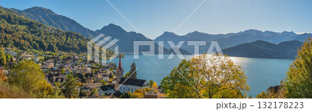 Weggis Switzerland, panorama city skyline at Weggis town and Lake Lucerne (Luzern) in Autumn season 132178223