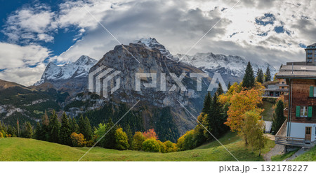 Murren Switzerland, panorama view of Jungfrau Monch and Eiger mountain peak in autumn season Murren Switzerland, panorama view of Jungfrau Monch and Eiger mountain peak in autumn season 132178227