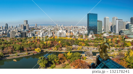 Osaka Japan, panorama city skyline at Osaka Castle in autumn season 132178241