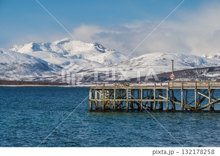 Tromso Norway, snow winter nature landscape fjord at Telegrafbukta Park 132178258