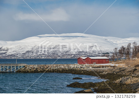 Tromso Norway, snow winter nature landscape fjord at Telegrafbukta Park 132178259