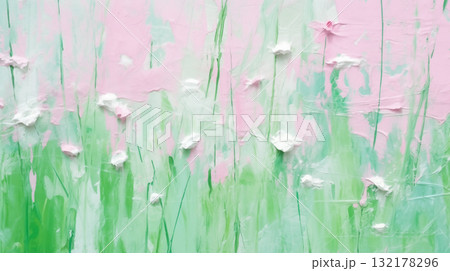 Minimalist art field of green grass and white flowers set against a soft pink backdrop Minimalist art field of green grass and white flowers set against a soft pink backdrop 132178296