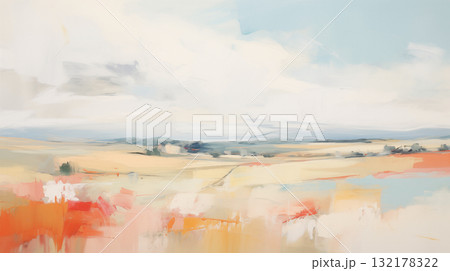 Minimalist landscape art with distant hills and clouds 132178322