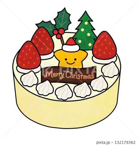 手描き風のかわいいクリスマスケーキイラスト(いちごと星とツリーの飾り) 手描き風のかわいいクリスマスケーキイラスト(いちごと星とツリーの飾り) 132178362