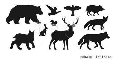 Silhouettes of forest animals and birds isolated on white background. Wild pig silhouette. Vector illustration 132178381