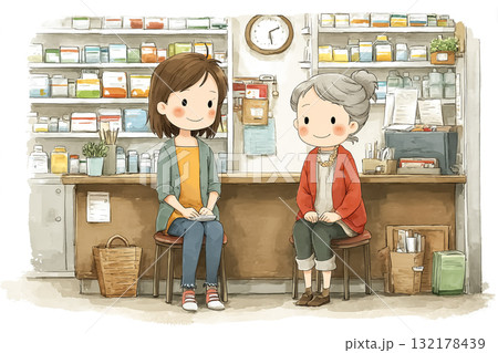 介護福祉士が高齢者と一緒に待合スペースで座っているシーン 132178439