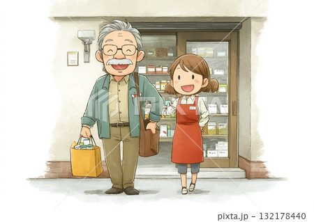 介護士が高齢者の薬を薬袋に入れて持ち帰りを手伝っているシーン 132178440