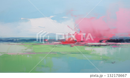 Pink sunset over green field, minimalist abstract landscape Pink sunset over green field, minimalist abstract landscape 132178667