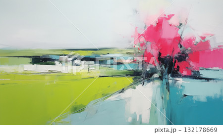 Abstract landscape art vibrant pink bloom against a backdrop of green and blue fields Abstract landscape art vibrant pink bloom against a backdrop of green and blue fields 132178669