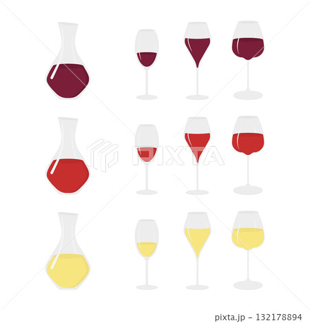 Decanters and Various Wine Glasses with Different Wines Types Wine Thematic Icon Minimal Flat Bundle 132178894