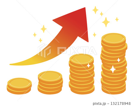 成長イメージの上向きの矢印と右肩上がりのコインタワー. 成長イメージの上向きの矢印と右肩上がりのコインタワー. 132178948