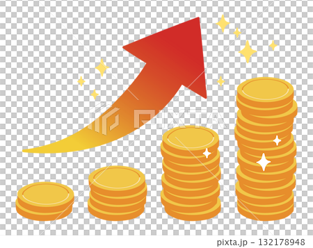 成長イメージの上向きの矢印と右肩上がりのコインタワー. 成長イメージの上向きの矢印と右肩上がりのコインタワー. 132178948