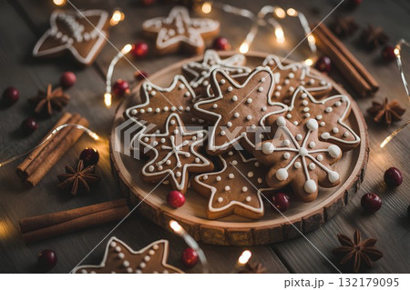 Festive gingerbread snowflake cookies decorated with white icing, placed among christmas lights and cinnamon sticks on rustic wooden table Festive gingerbread snowflake cookies decorated with white icing, placed among christmas lights and cinnamon sticks on rustic wooden table 132179095