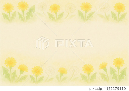 たんぽぽシリーズ：上下に水彩風たんぽぽを並べたフレーム型背景 132179110