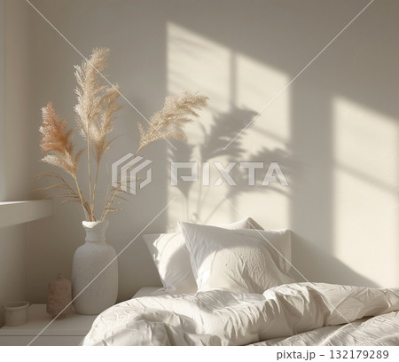 Modern bedroom with pampas grass and sunlight 132179289