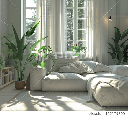 Modern living room with a large white sectional sofa, plants, and large windows with white curtains 132179290