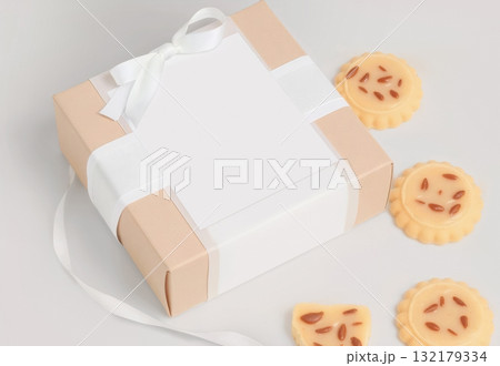 Chocolate cookie with craft gift pack mockup, ai generated Chocolate cookie with craft gift pack mockup, ai generated 132179334